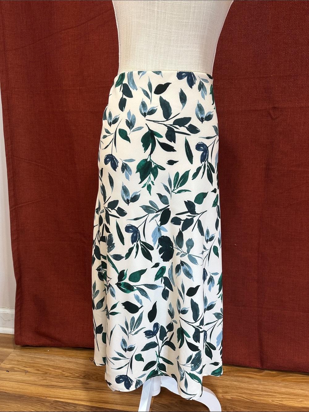 Rachel Zoe White Midi Skirt with Green & Blue Leaf Print